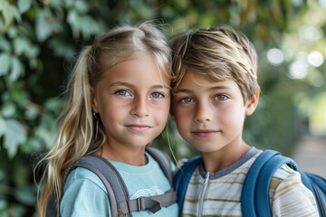Obraz premium Happy White Siblings With Backpacks Ready for Back to School or Hike