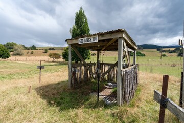 Jesus manger sculpture at a rural church in Stanley Brook, Tasman, New Zealand. © Zenstratus