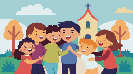 A group of siblings hugging and laughing as they make their way into the church for their weekly family prayer gathering.. Vector illustration