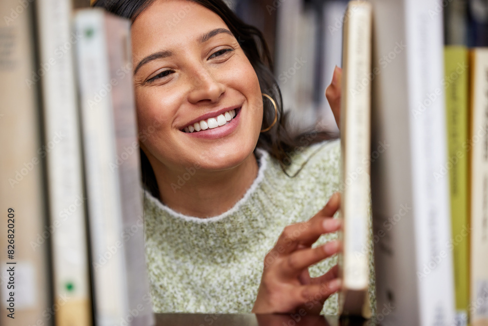 Poster student, library and book search of woman with textbook for knowledge, education and study hall. hap