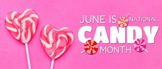 Heart shaped lollipops on pink background
