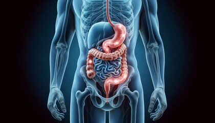 Human Digestive System X-Ray Illustration Highlighting Gas (Flatus).
3D illustration of the human digestive system with highlighted regions indicating gas (flatus), displayed in an x-ray 