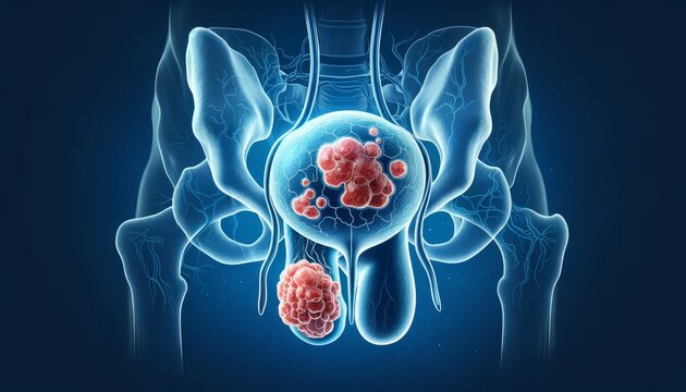 Medical Illustration of Prostate Cancer. Description: Detailed medical illustration of the human pelvis highlighting prostate cancer, showing the prostate gland with cancerous tumors.