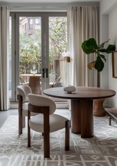 Scandinavian modern style dining room, dark oak floors, grey walls and large Windows facing the city, white armchairs and round tables, warm lighting, simple furniture.