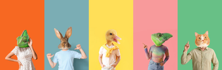 Set of people with heads of different animals on color background