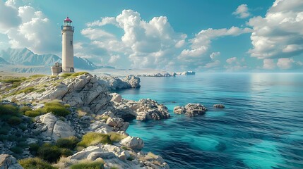 Fresh view of a coastal landscape with a lighthouse