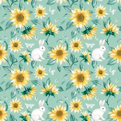 Sunflower, mint green, leaves, fashionable summer vintage white rabbit, fairy tale, fabric pattern, seamless, textile, background