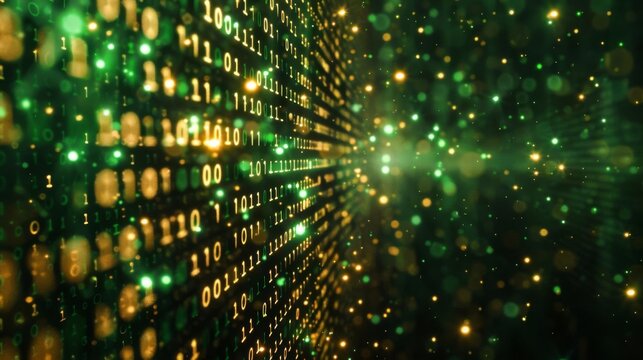 Binary code flowing in a green and gold digital space.