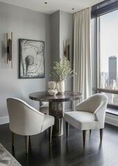 Scandinavian modern style dining room, dark oak floors, grey walls and large Windows facing the city, white armchairs and round tables, warm lighting, simple furniture.
