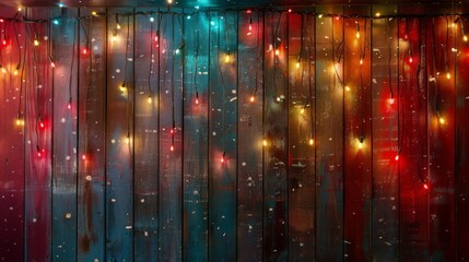 Create a warm and inviting holiday backdrop featuring a rustic wooden fence with twinkling multicolored string lights.