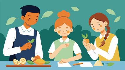 A student carefully peeling and slicing a ginger root discussing with their classmates the healing properties and traditional uses of the ingredient.. Vector illustration