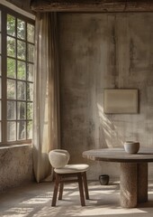 dern Wabisabi-inspired interior design with three round wall sconces on the background wall, a minimalist wooden console and a ceramic vase with a green plant on it, wooden floors, beige walls, a fram