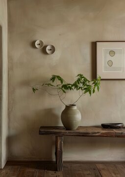 dern Wabisabi-inspired interior design with three round wall sconces on the background wall, a minimalist wooden console and a ceramic vase with a green plant on it, wooden floors, beige walls, a fram