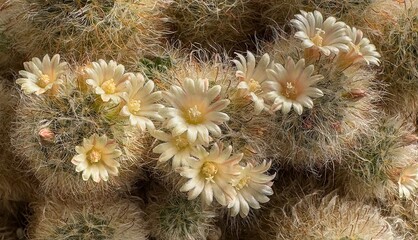 Yellow flowers blooming onf powder puff cactus plants