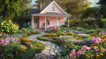 : A charming suburban bungalow with a pastel pink exterior, white trim, and a cute front porch. The garden is full of vibrant flowers, and a winding stone path leads to the welcoming front door.