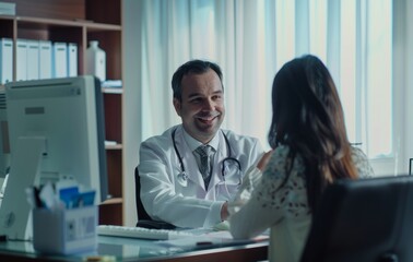 Obraz premium A smiling doctor in a white coat sat at a desk and listened to the patient's woman in the office talk about her physical pain