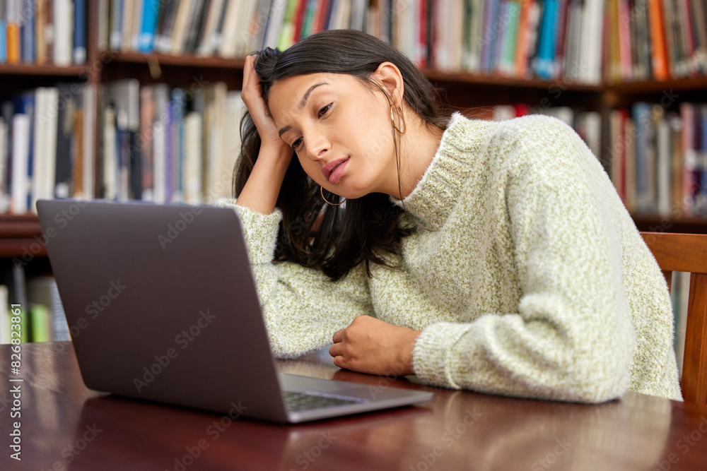 Poster library, university and woman on laptop tired with burnout for research, studying and learning. educ