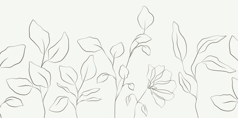 Botanical art background with hand drawn leaves and flowers in line art style. Vector floral pattern for design of print, textile, wallpaper, invitation, cover, interior design.