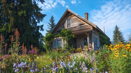 : A cozy suburban cottage with a rustic charm, surrounded by tall, leafy trees and a garden full of colorful wildflowers.  © Razia