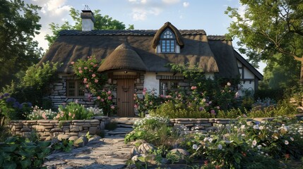 : A cozy suburban home with an English cottage design, featuring a thatched roof, stone walls, and climbing roses around the front door. 
