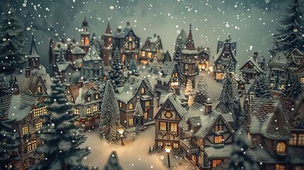 Christmas village with snow in a vintage style. Winter village landscape. Little christmas town