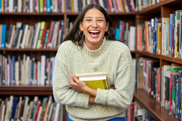 University, excited and portrait of woman with books in library for research, studying and learning. Education, college and happy student with textbooks for knowledge, information and literature