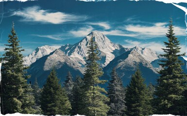 Pine trees, mountains with a blue sky background, and clouds. Torn paper frame effect border.
