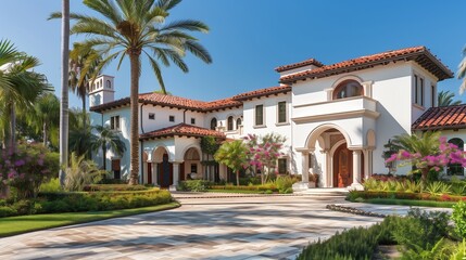 : A grand suburban estate with a Spanish Colonial design, featuring white stucco walls, red-tiled roof, and arched doorways. 