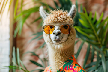 A llama wearing sunglasses and a shirt, showcasing a fun and quirky style
