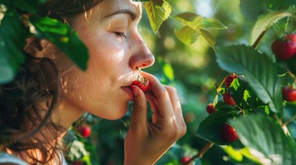 A woman enjoying the taste of ripe red raspberries while picking them in a lush green garden....