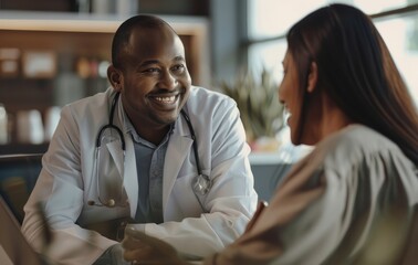 Obraz premium A smiling doctor in a white coat sat at a desk and listened to the patient's woman in the office talk about her physical pain