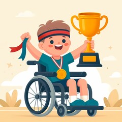 Happy Child in Wheelchair Celebrating Victory