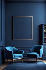 Blue living room - modern interior with luxurious furniture. Art mockup: empty navy, dark black wall, deep cobalt chair, blank cyan background. Premium lounge hall. 3D render