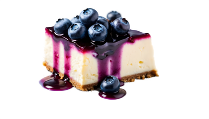 Blueberry cheesecake on Wooden cuttting board isolated on transparent and white background. Generative ai
