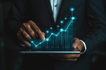 Close up of businessman hands holding tablet with growing business diagram chart on blurry dark background