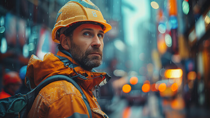 Construction worker looking arround in the city