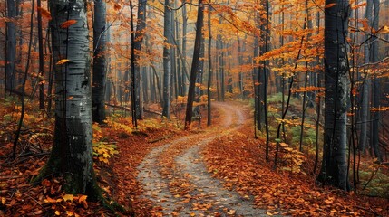 Obraz premium The image shows a beautiful fall forest with a path covered with fallen leaves