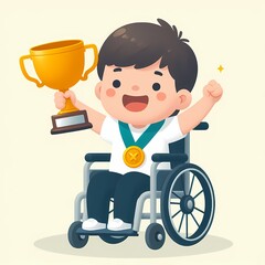 Happy Child in Wheelchair Celebrating Victory