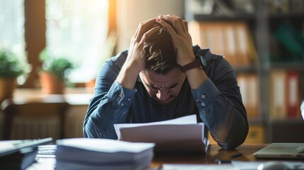Stressed young businessman sitting at desk with stack of worksheets