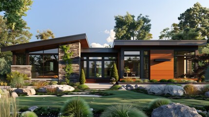 Fototapeta premium : A sleek suburban house with a mid-century modern design, characterized by clean lines, large windows, and a mix of wood and stone materials. 