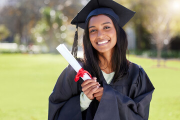 Certificate, university and portrait of woman for graduation, ceremony and achievement at college. Success, graduate and happy student with degree or award for education, learning or studying in park