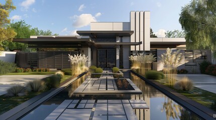 Obraz premium : A stylish suburban home with an art deco design, characterized by bold geometric shapes, clean lines, and a mix of materials. 