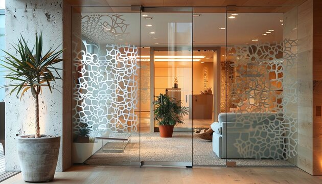 A modern glass door design with etched patterns inspired by the Mordent buildings architectural elements