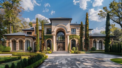 Obraz premium : An elegant suburban mansion with a grand entrance and a sweeping driveway, surrounded by beautifully manicured 