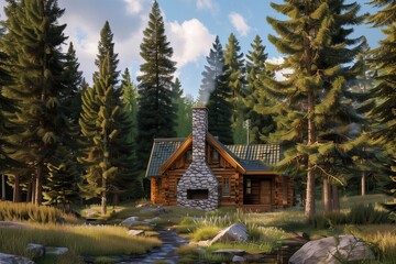 : A cozy suburban log cabin, surrounded by tall pine trees, with a stone chimney and a small creek running nearby.