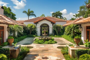 Fototapeta premium : A luxurious suburban home with a Mediterranean design, terracotta roof, and a courtyard with a decorative fountain and lush greenery.