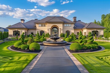 : A luxurious suburban home with a grand entrance, circular driveway, and a manicured lawn with...