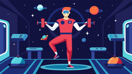 Train like an astronaut in a virtual space station with zerogravity simulations and resistance training to improve strength and balance.. Vector illustration