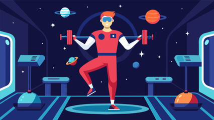 Naklejka premium Train like an astronaut in a virtual space station with zerogravity simulations and resistance training to improve strength and balance.. Vector illustration