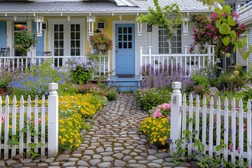 : A quaint suburban house with a white picket fence, blooming flower garden, and a cobblestone...